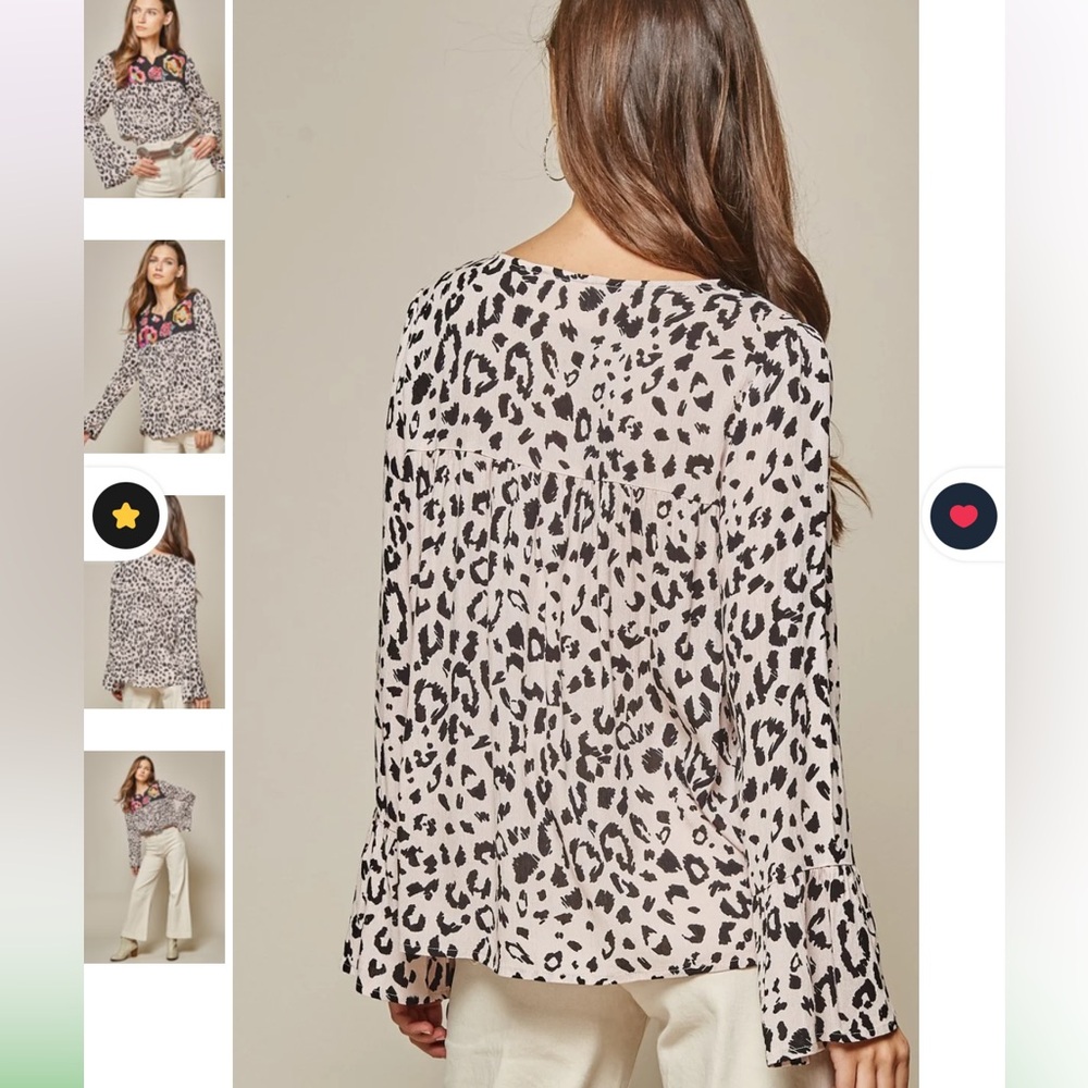 Savanna Jane embroidered floral leopard print bell sleeve boutique top 1x - Picture 3 of 7